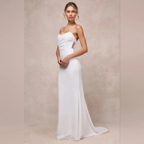 Lulus Iconic Arrival White Mesh Strapless Bustier Mermaid Maxi Dress Wedding - Picture 2 of 10